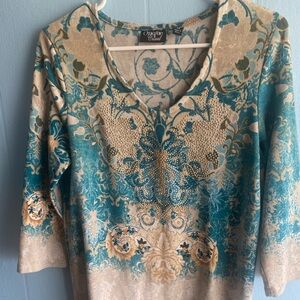 Onque Casuals Teal and Beige Embellished V-Neck Tunic